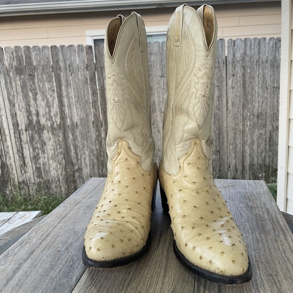 El General Western Boots Men 10 D Beige Full Quill Ostrich Print Leather Cowboy